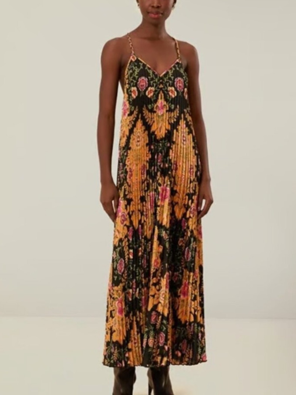 Farm Rio Arabesque Floral Black pleated sleeveless midi dress Size M NEW